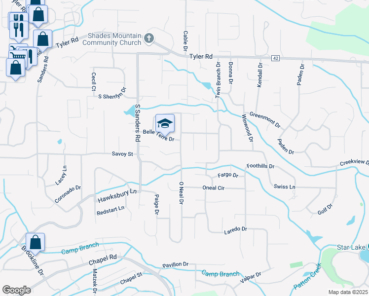 map of restaurants, bars, coffee shops, grocery stores, and more near 549 O Neal Drive in Birmingham
