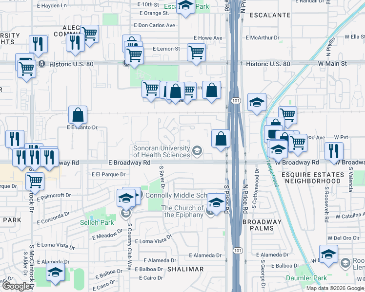 map of restaurants, bars, coffee shops, grocery stores, and more near 2134 East Broadway Road in Tempe