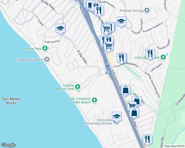 map of restaurants, bars, coffee shops, grocery stores, and more near 206 Avenida Montalvo in San Clemente