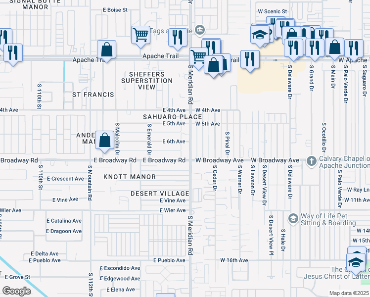 map of restaurants, bars, coffee shops, grocery stores, and more near 775 South Meridian Road in Apache Junction