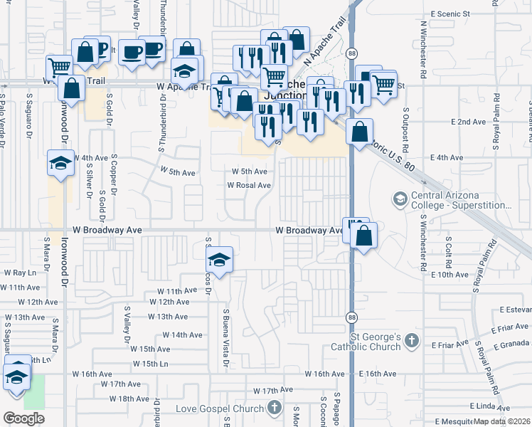 map of restaurants, bars, coffee shops, grocery stores, and more near 533 West Sierra Vista Drive in Apache Junction