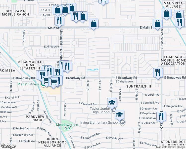 map of restaurants, bars, coffee shops, grocery stores, and more near 414 South 31st Street in Mesa