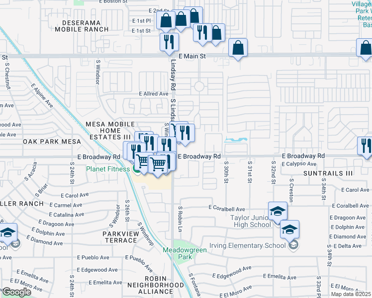 map of restaurants, bars, coffee shops, grocery stores, and more near 2855 East Broadway Road in Mesa