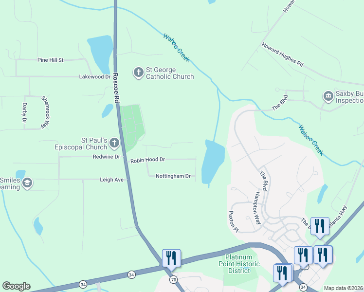 map of restaurants, bars, coffee shops, grocery stores, and more near 172 Robin Hood Drive in Newnan