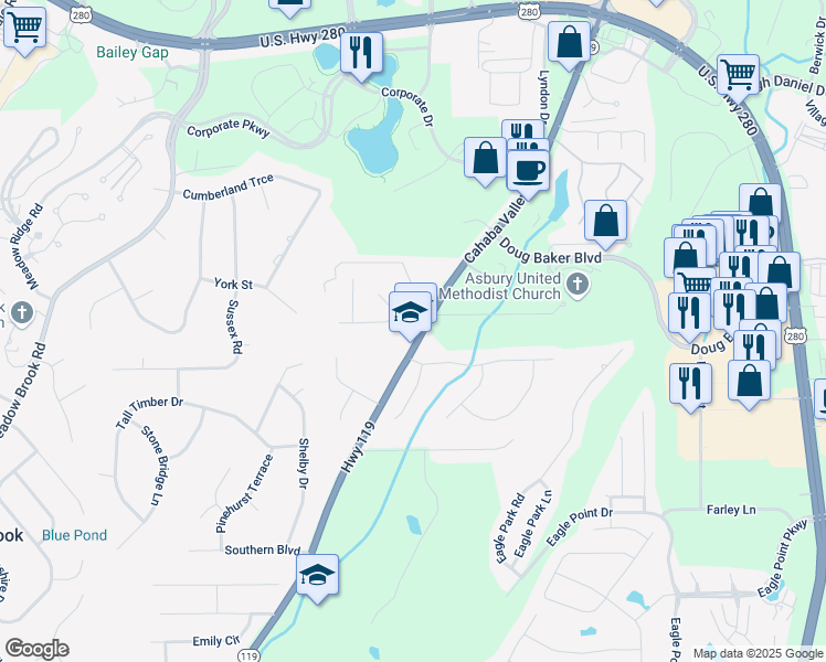 map of restaurants, bars, coffee shops, grocery stores, and more near 4500 Little Ridge Drive in Birmingham