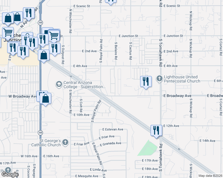map of restaurants, bars, coffee shops, grocery stores, and more near 980 East Broadway Avenue in Apache Junction