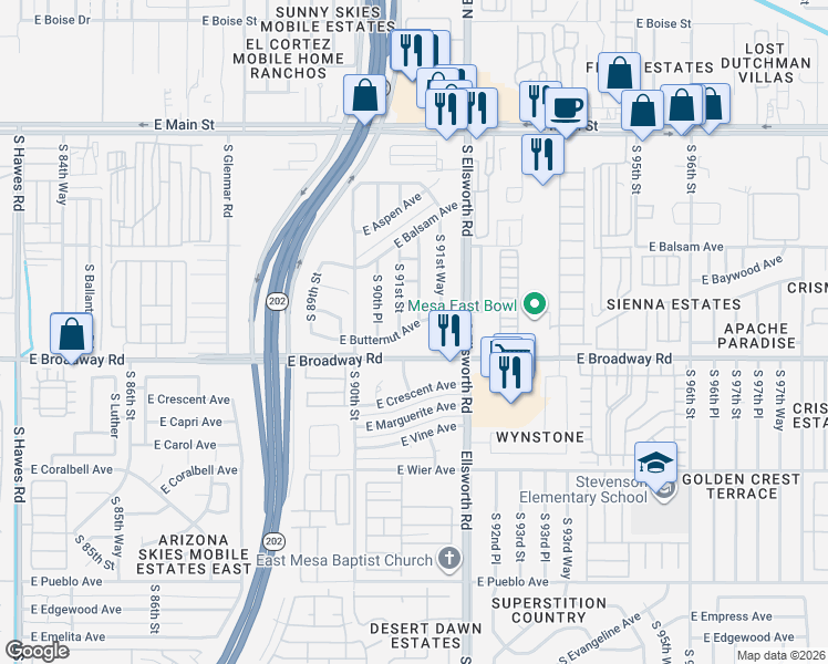 map of restaurants, bars, coffee shops, grocery stores, and more near 9056 East Broadway Road in Mesa