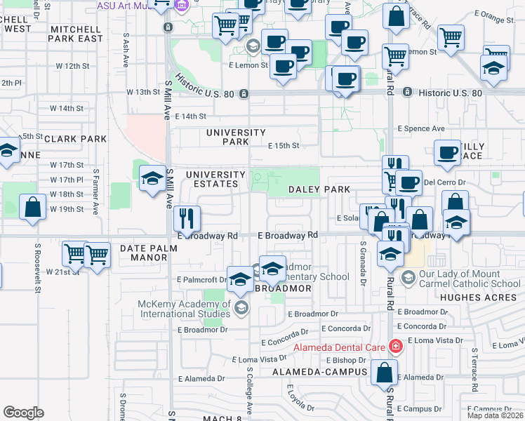 map of restaurants, bars, coffee shops, grocery stores, and more near 1735 South College Avenue in Tempe