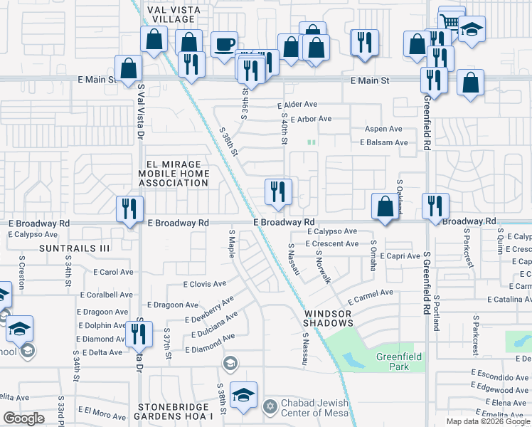 map of restaurants, bars, coffee shops, grocery stores, and more near 342 South 40th Street in Mesa
