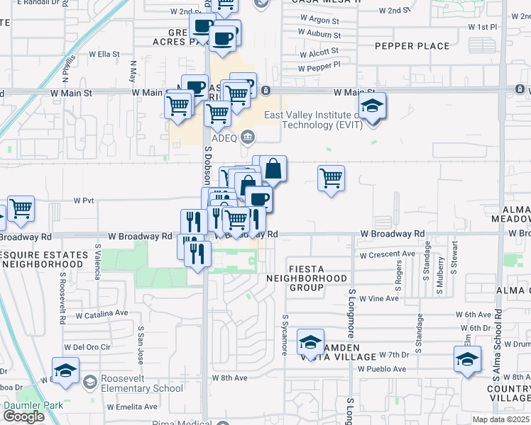 map of restaurants, bars, coffee shops, grocery stores, and more near South K Mart Access Road in Mesa