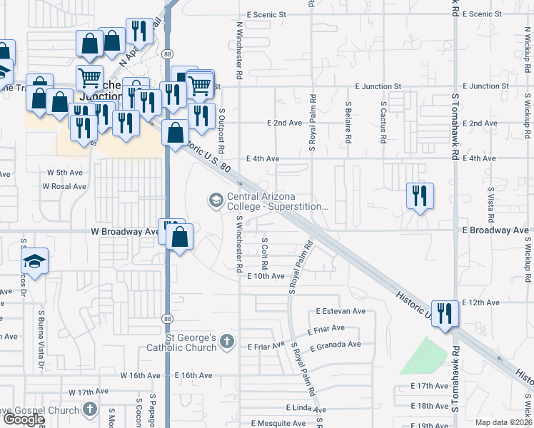 map of restaurants, bars, coffee shops, grocery stores, and more near 500 East Broadway Avenue in Apache Junction