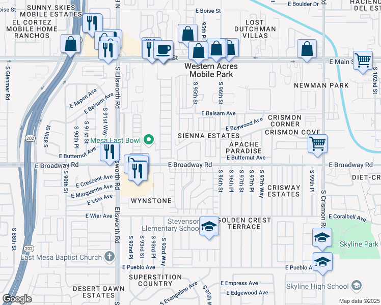 map of restaurants, bars, coffee shops, grocery stores, and more near 9422 East Broadway Road in Mesa