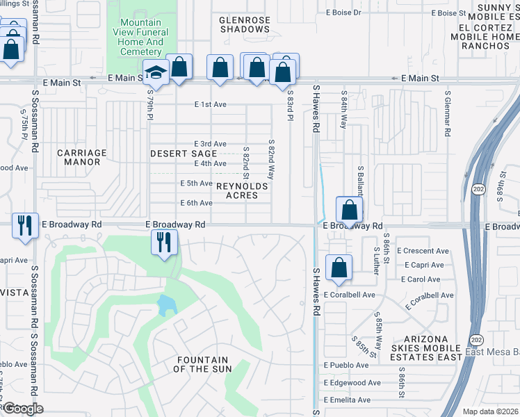 map of restaurants, bars, coffee shops, grocery stores, and more near 8212 East Broadway Road in Mesa