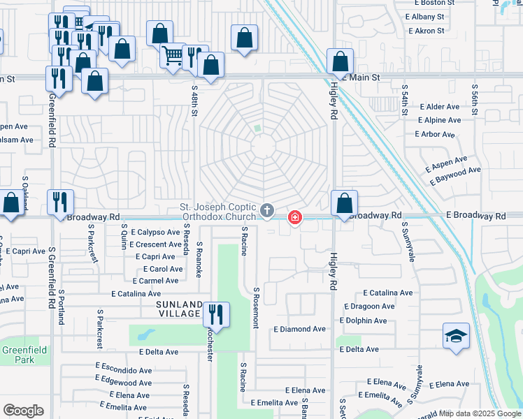 map of restaurants, bars, coffee shops, grocery stores, and more near 5013 East Broadway Road in Mesa