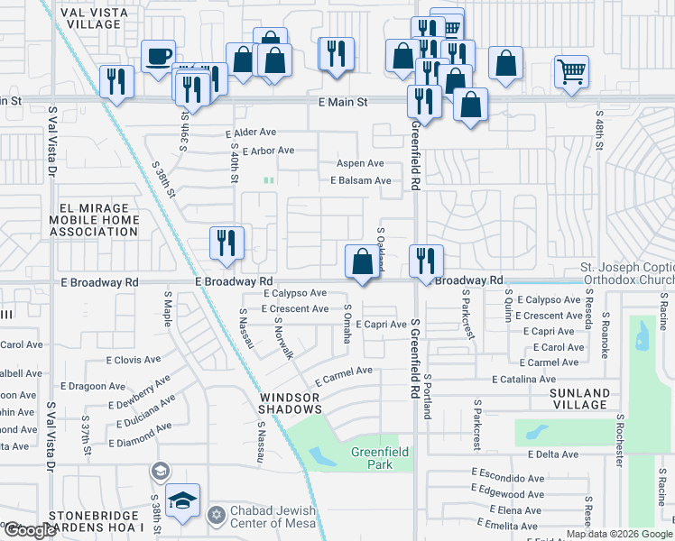 map of restaurants, bars, coffee shops, grocery stores, and more near 413 South Omaha in Mesa