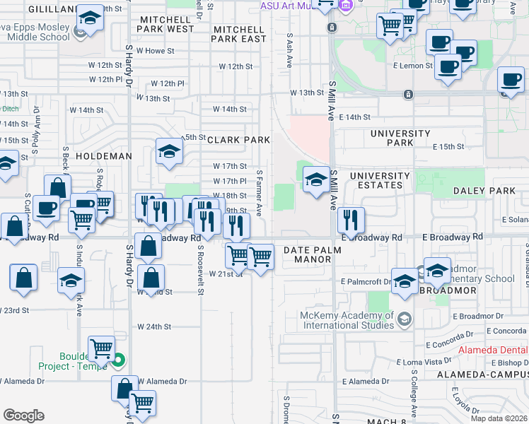 map of restaurants, bars, coffee shops, grocery stores, and more near 404 West Broadway Road in Tempe