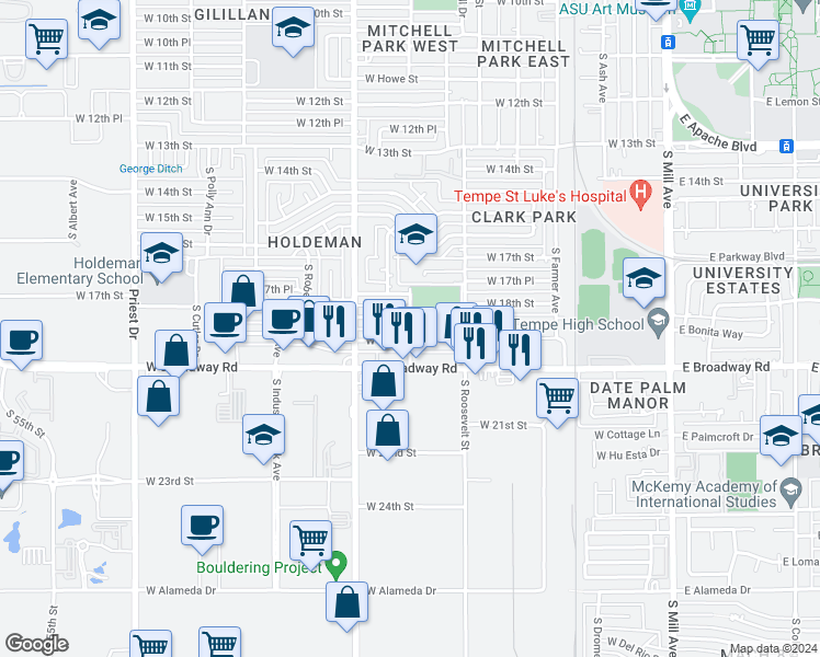 map of restaurants, bars, coffee shops, grocery stores, and more near 647 West 19th Street in Tempe