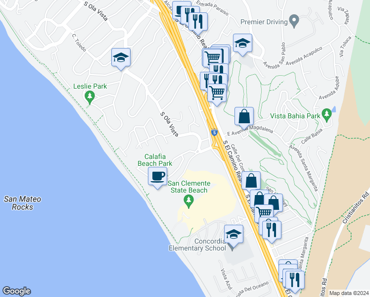 map of restaurants, bars, coffee shops, grocery stores, and more near 208 Avenida Calafia in San Clemente