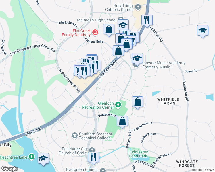 map of restaurants, bars, coffee shops, grocery stores, and more near 301 Morgans Turn in Peachtree City