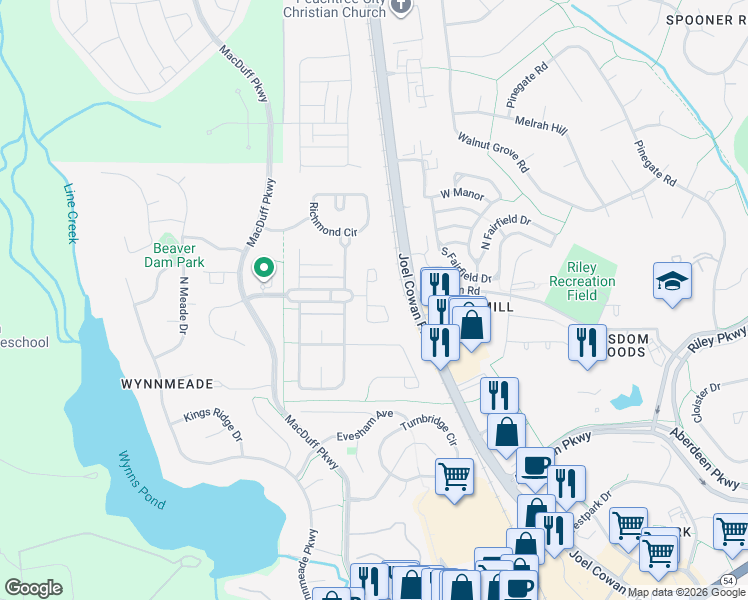 map of restaurants, bars, coffee shops, grocery stores, and more near 432 Constitution Circle in Peachtree City