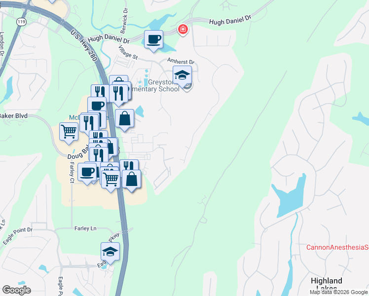 map of restaurants, bars, coffee shops, grocery stores, and more near 411 Greystone Glen Circle in Birmingham