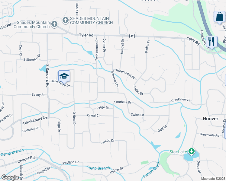 map of restaurants, bars, coffee shops, grocery stores, and more near 2622 Swiss Lane in Vestavia Hills