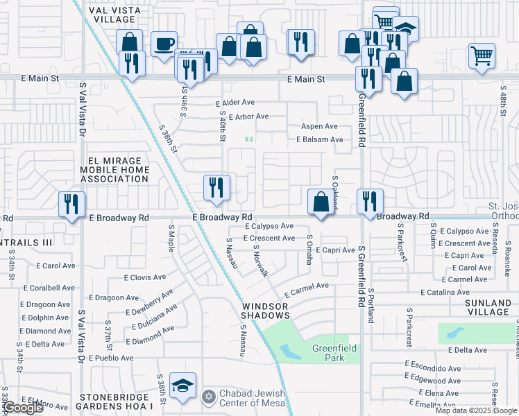 map of restaurants, bars, coffee shops, grocery stores, and more near 4202 East Broadway Road in Mesa