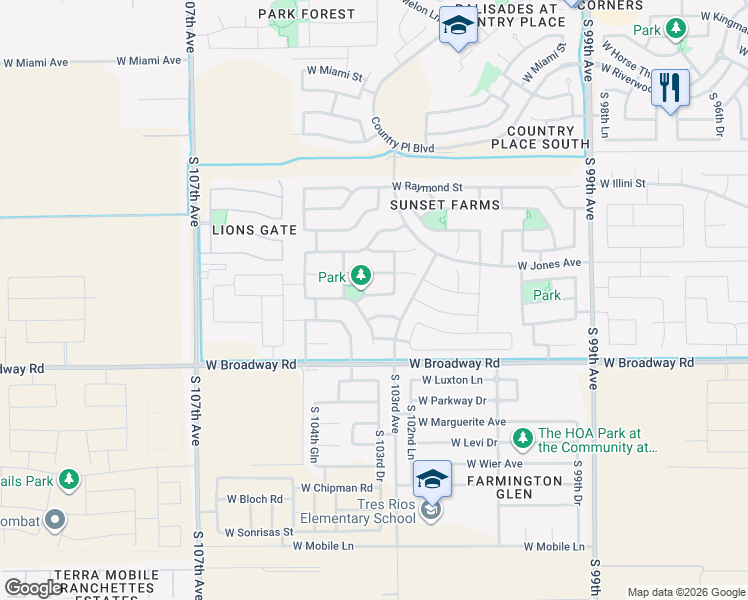 map of restaurants, bars, coffee shops, grocery stores, and more near 10355 West Southgate Avenue in Tolleson