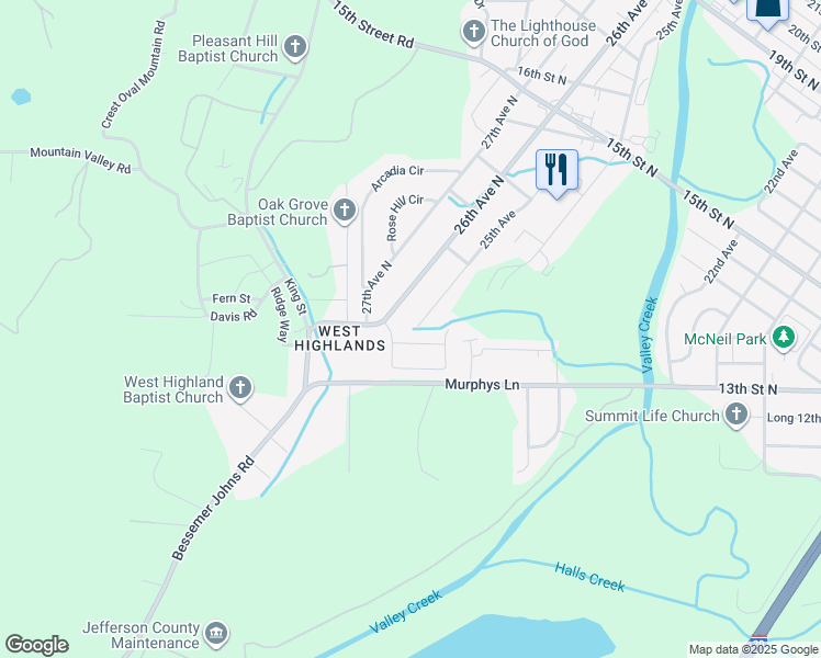 map of restaurants, bars, coffee shops, grocery stores, and more near 1000 25th Avenue in Hueytown
