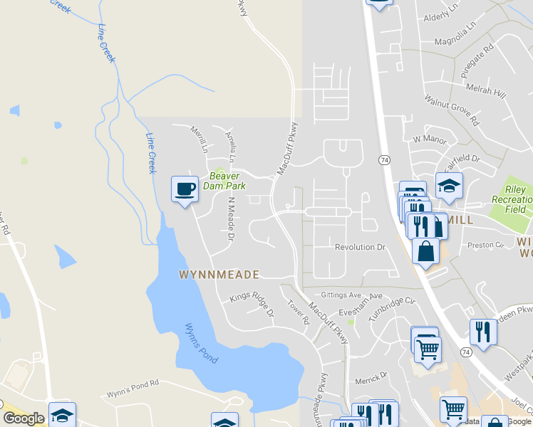 map of restaurants, bars, coffee shops, grocery stores, and more near 100 Century Park Place in Peachtree City
