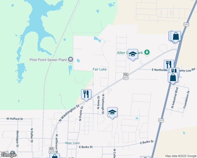 map of restaurants, bars, coffee shops, grocery stores, and more near 1300 North Saint James Circle in Pilot Point