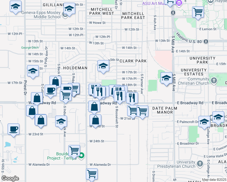map of restaurants, bars, coffee shops, grocery stores, and more near 1730 South Roosevelt Street in Tempe