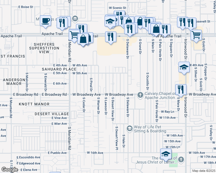 map of restaurants, bars, coffee shops, grocery stores, and more near 610 South Desert View Drive in Apache Junction
