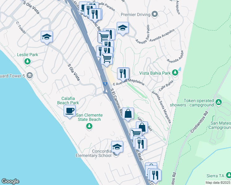 map of restaurants, bars, coffee shops, grocery stores, and more near 2601 South El Camino Real in San Clemente