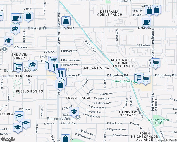 map of restaurants, bars, coffee shops, grocery stores, and more near 2233 East Bramble Avenue in Mesa
