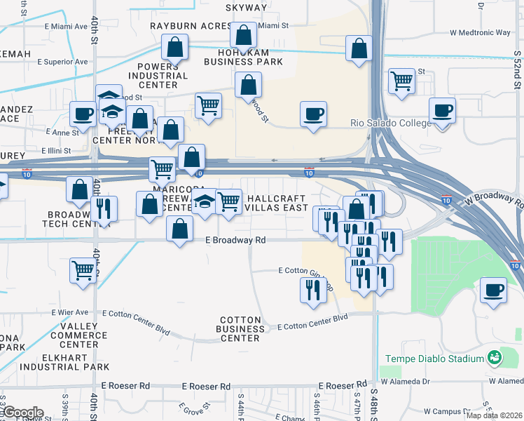 map of restaurants, bars, coffee shops, grocery stores, and more near 4029 South 44th Place in Phoenix