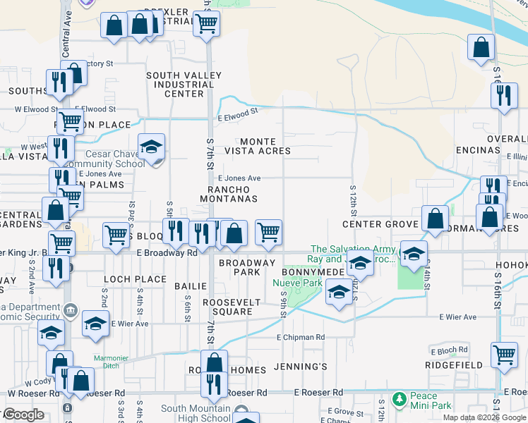 map of restaurants, bars, coffee shops, grocery stores, and more near 4032 South 9th Street in Phoenix