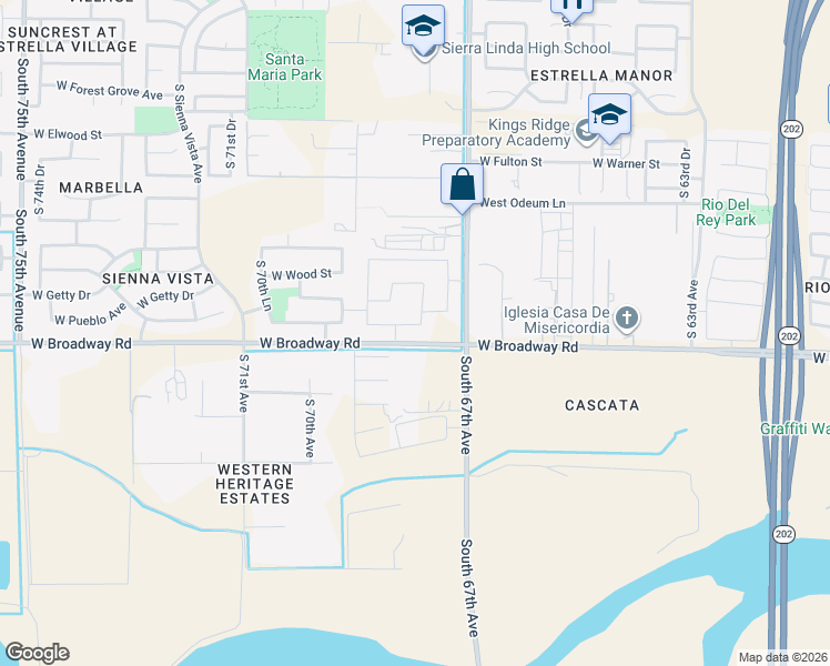 map of restaurants, bars, coffee shops, grocery stores, and more near 4230 South 67th Drive in Phoenix