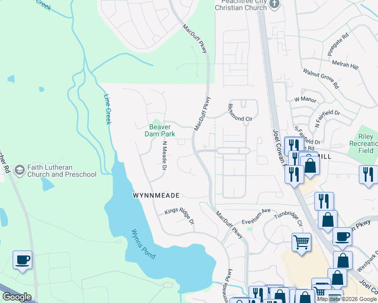map of restaurants, bars, coffee shops, grocery stores, and more near 100 Century Park Place in Peachtree City