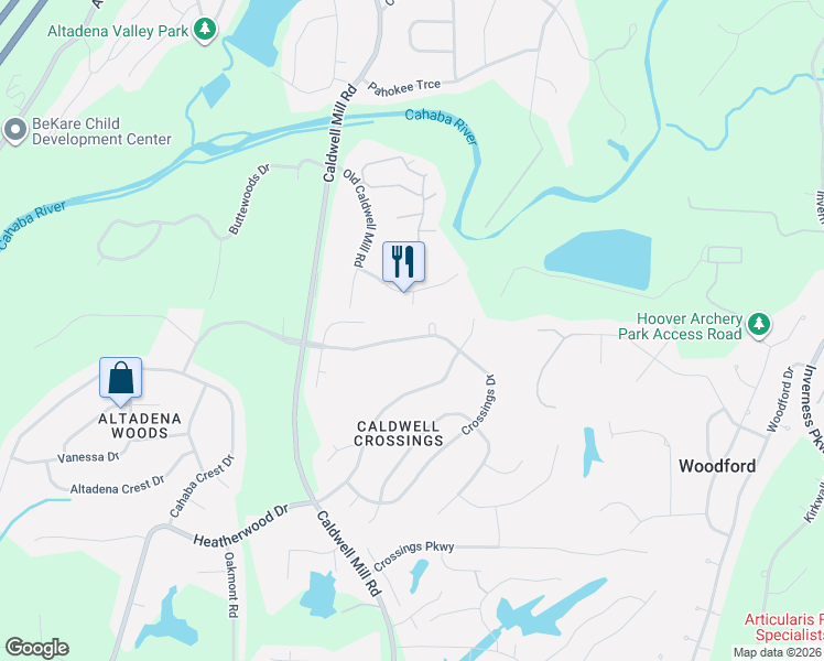 map of restaurants, bars, coffee shops, grocery stores, and more near 2969 Riverwood Terrace in Birmingham