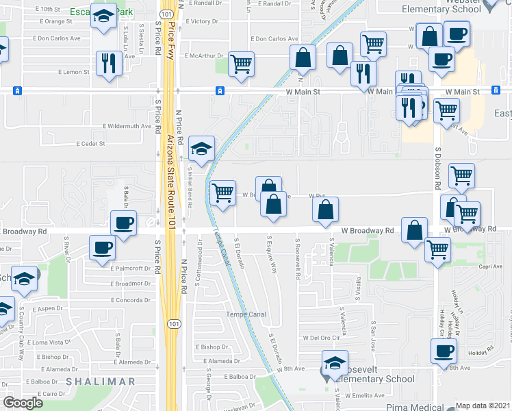map of restaurants, bars, coffee shops, grocery stores, and more near 2521 West Birchwood Avenue in Mesa