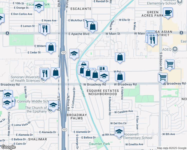 map of restaurants, bars, coffee shops, grocery stores, and more near 2521-2599 W Birchwood Ave in Mesa