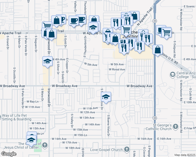 map of restaurants, bars, coffee shops, grocery stores, and more near 900 West Broadway Avenue in Apache Junction