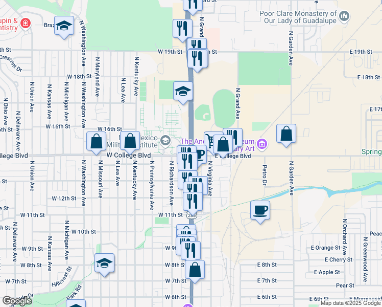 map of restaurants, bars, coffee shops, grocery stores, and more near 101 West College Boulevard in Roswell