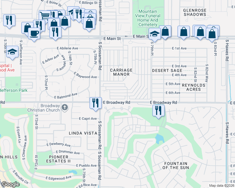 map of restaurants, bars, coffee shops, grocery stores, and more near 7750 East Broadway Road in Mesa