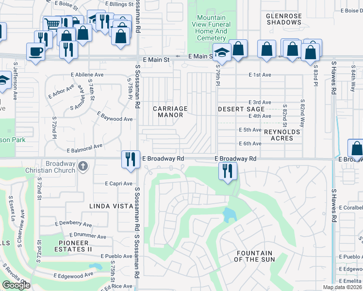 map of restaurants, bars, coffee shops, grocery stores, and more near 7750 East Broadway Road in Mesa