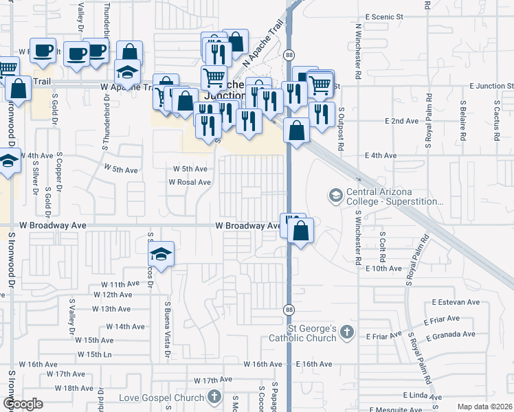 map of restaurants, bars, coffee shops, grocery stores, and more near 4th Avenue in Apache Junction