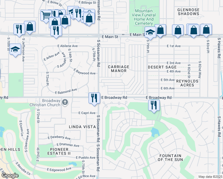 map of restaurants, bars, coffee shops, grocery stores, and more near 7750 East Broadway Road in Mesa