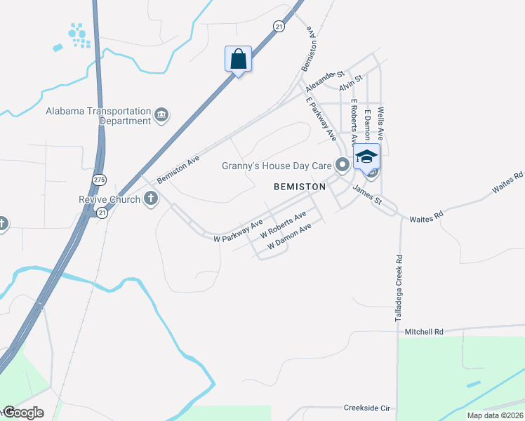 map of restaurants, bars, coffee shops, grocery stores, and more near 201 West Parkway Avenue in Talladega