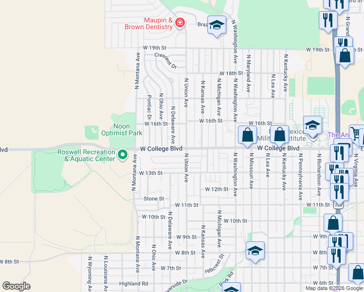 map of restaurants, bars, coffee shops, grocery stores, and more near 1508 North Union Avenue in Roswell